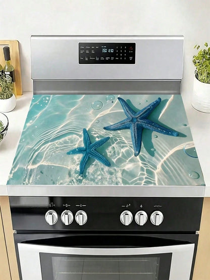 1pc Blue Starfish Design In Transparent Ocean Water, Measuring 20.5 By 28.5 Inches. Made From Polyester, These Stove Top Covers Are Heat Resistant, Oil-Proof, Non-Slip, And Washable, Perfect For Summe