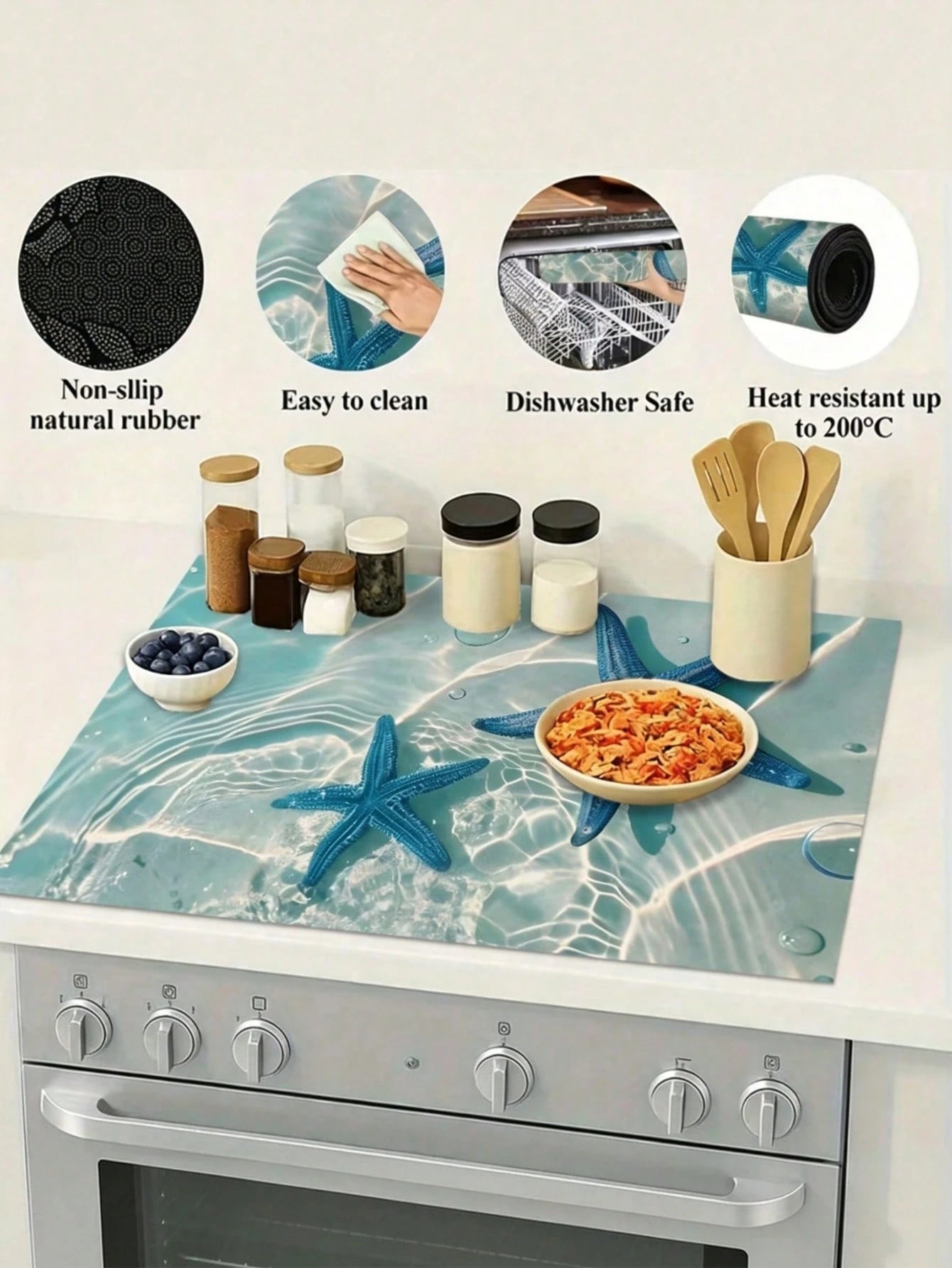 1pc Blue Starfish Design In Transparent Ocean Water, Measuring 20.5 By 28.5 Inches. Made From Polyester, These Stove Top Covers Are Heat Resistant, Oil-Proof, Non-Slip, And Washable, Perfect For Summe