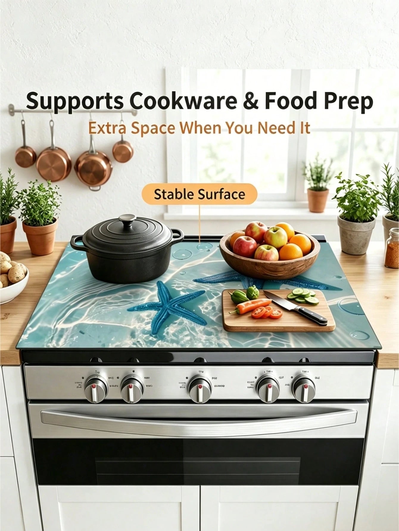 1pc Blue Starfish Design In Transparent Ocean Water, Measuring 20.5 By 28.5 Inches. Made From Polyester, These Stove Top Covers Are Heat Resistant, Oil-Proof, Non-Slip, And Washable, Perfect For Summe