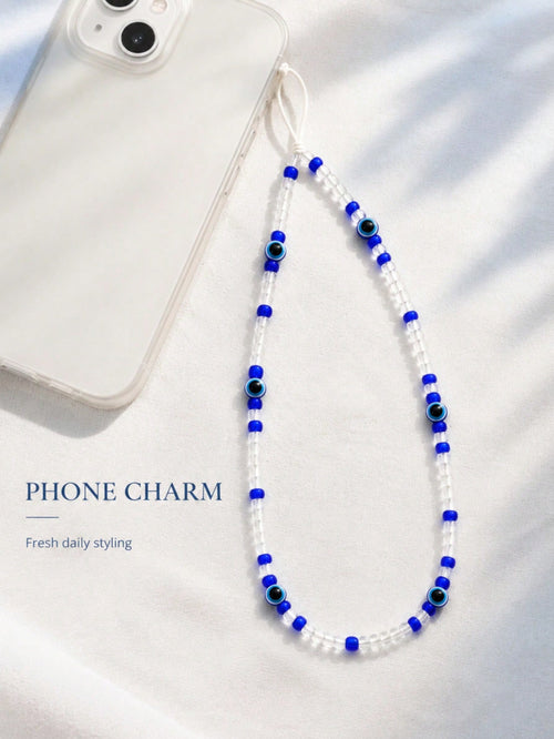 1pc Bohemian Evil Eye Beaded Phone Lanyard Blue Transparent Seed Bead Handmade Thin White String Wrist Strap Decor For Cell Phone CCD Camera Handbag Lucky Amulet Aesthetic Accessory Birthday Gift For