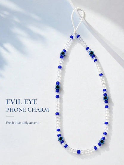 1pc Bohemian Evil Eye Beaded Phone Lanyard Blue Transparent Seed Bead Handmade Thin White String Wrist Strap Decor For Cell Phone CCD Camera Handbag Lucky Amulet Aesthetic Accessory Birthday Gift For