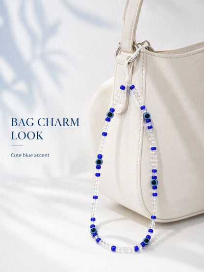 1pc Bohemian Evil Eye Beaded Phone Lanyard Blue Transparent Seed Bead Handmade Thin White String Wrist Strap Decor For Cell Phone CCD Camera Handbag Lucky Amulet Aesthetic Accessory Birthday Gift For