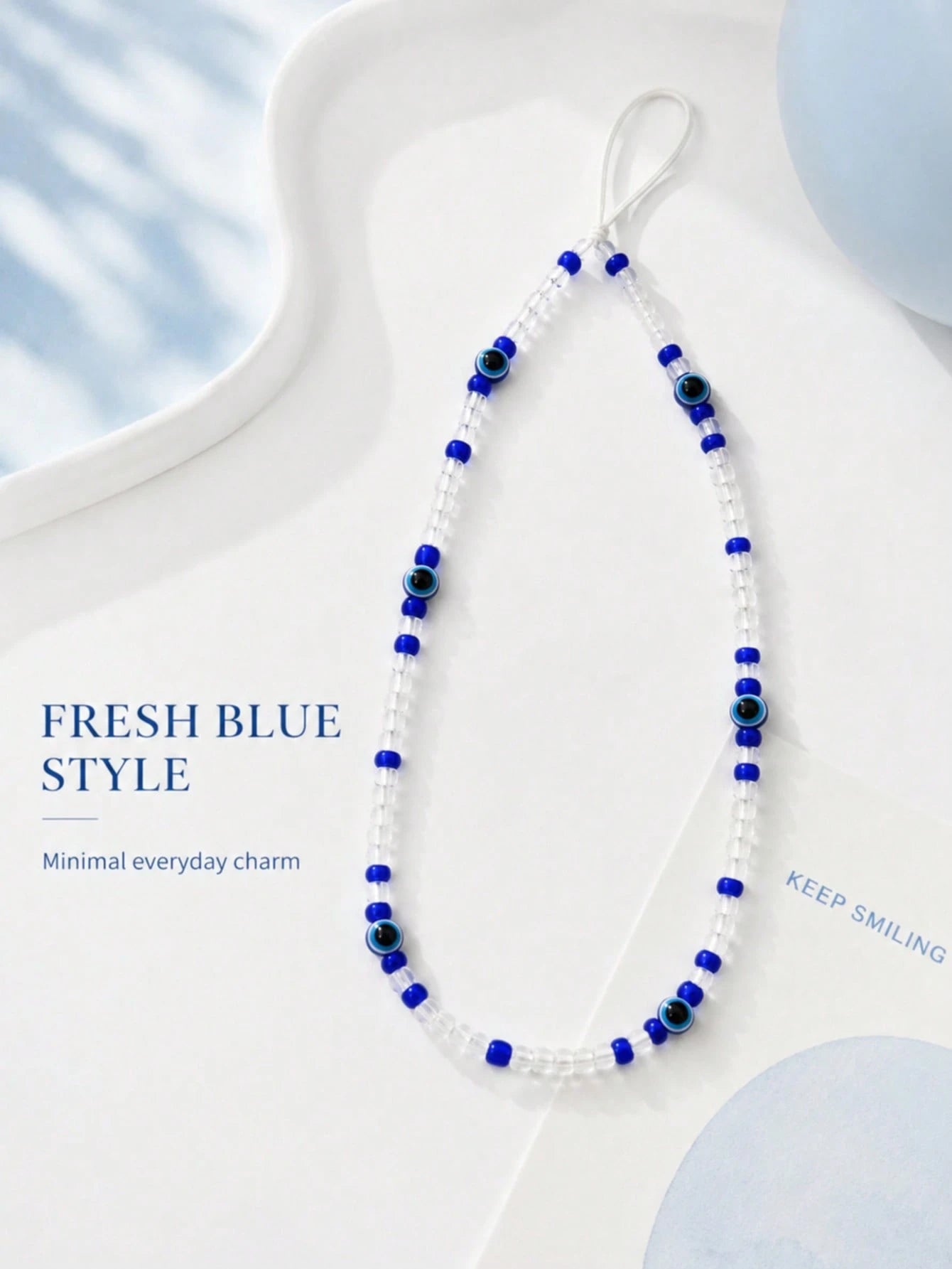 1pc Bohemian Evil Eye Beaded Phone Lanyard Blue Transparent Seed Bead Handmade Thin White String Wrist Strap Decor For Cell Phone CCD Camera Handbag Lucky Amulet Aesthetic Accessory Birthday Gift For