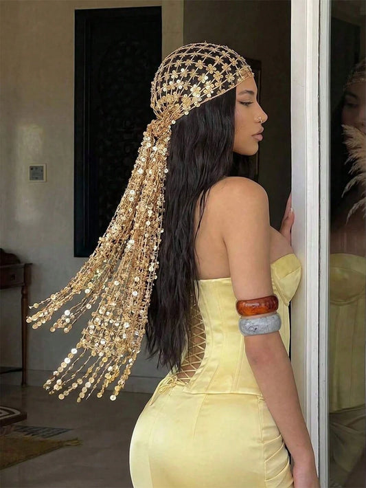 1pc Bohemian Style Scarf With Gold Sequin Tassels, Luxury Mesh Headscarf For Muslim Women, Vibrant Color Shawl