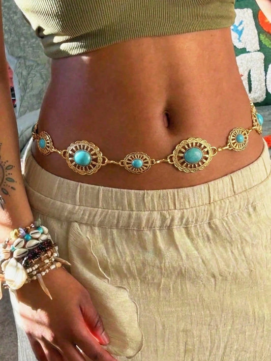 1pc Bohemian Style Turquoise & Gold Tone Metal Waist Chain, Fashionable Elegant Body Chain Accessory For Women