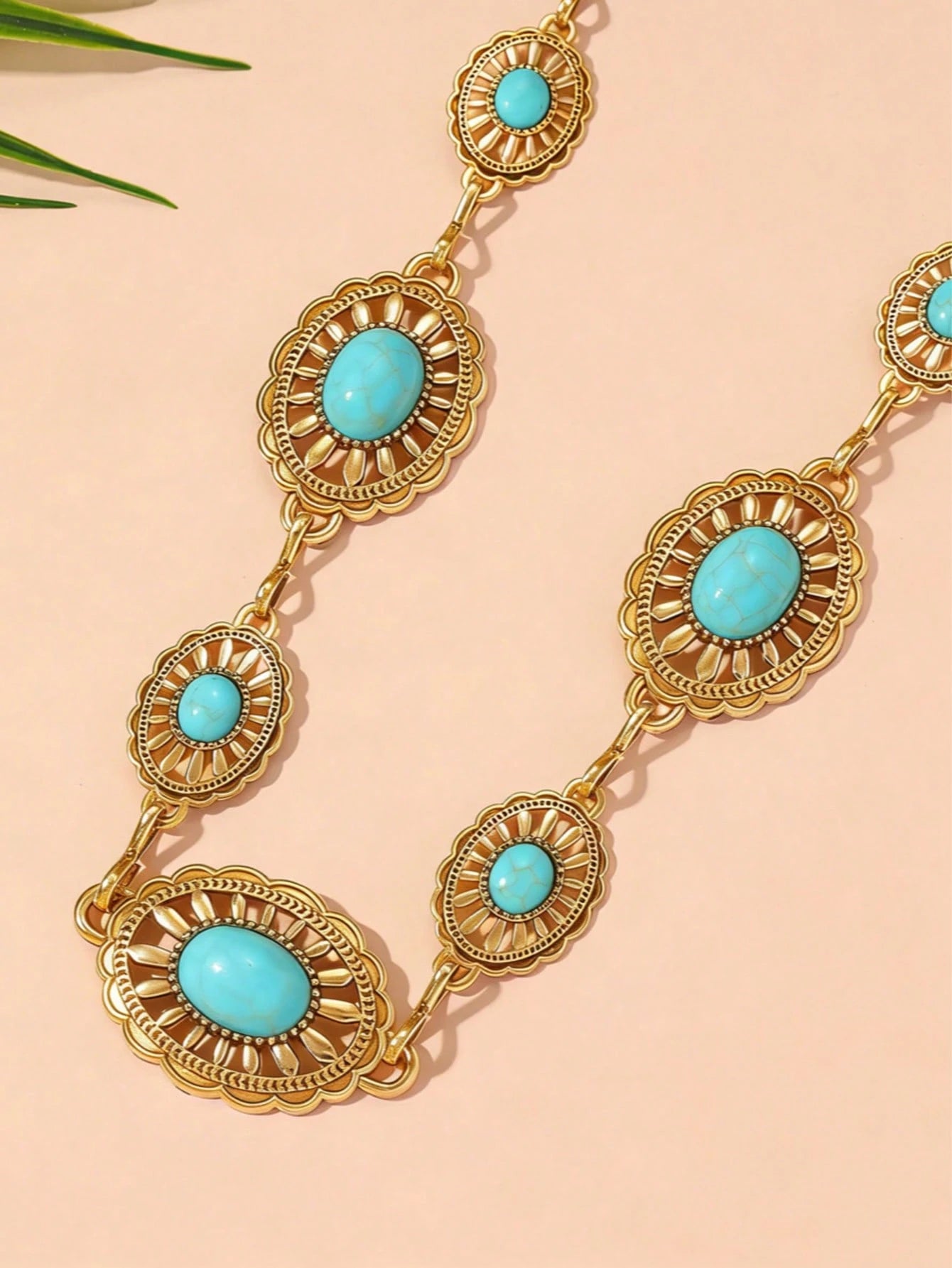 1pc Bohemian Style Turquoise & Gold Tone Metal Waist Chain, Fashionable Elegant Body Chain Accessory For Women