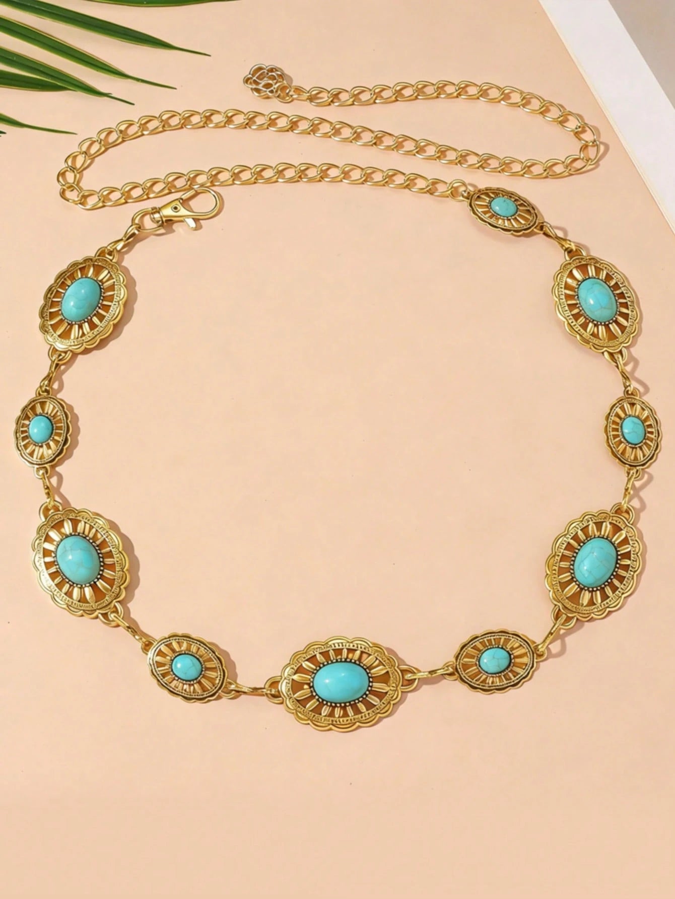 1pc Bohemian Style Turquoise & Gold Tone Metal Waist Chain, Fashionable Elegant Body Chain Accessory For Women