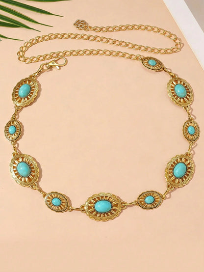 1pc Bohemian Style Turquoise & Gold Tone Metal Waist Chain, Fashionable Elegant Body Chain Accessory For Women
