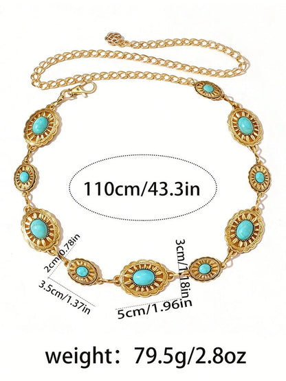 1pc Bohemian Style Turquoise & Gold Tone Metal Waist Chain, Fashionable Elegant Body Chain Accessory For Women