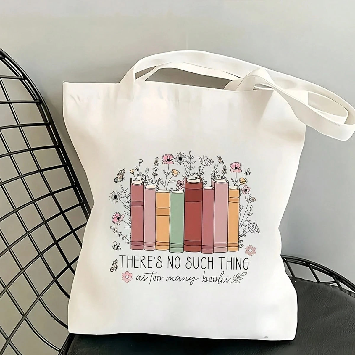 1pc Book Lover's Tote Bag- Funny Bookworm Saying "There's No Such Thing As Too Many Books", Floral & Stacked Books Design- Large Interior- Lightweight & Sturdy Polyester Canvas Shopping Bag For Wom
