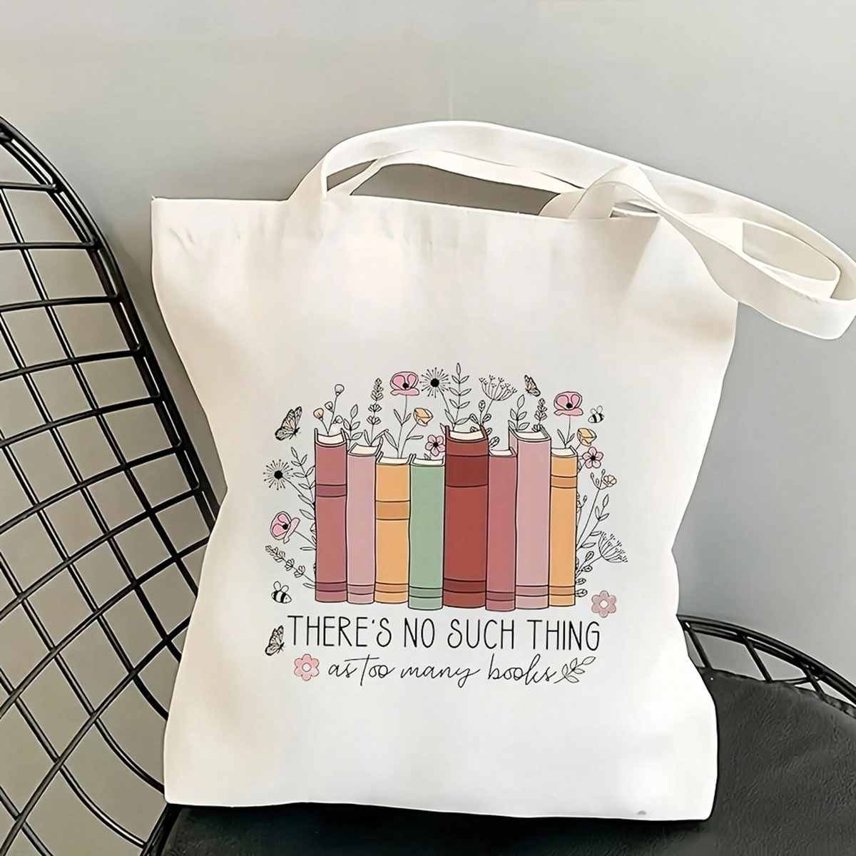 1pc Book Lover's Tote Bag- Funny Bookworm Saying "There's No Such Thing As Too Many Books", Floral & Stacked Books Design- Large Interior- Lightweight & Sturdy Polyester Canvas Shopping Bag For Wom