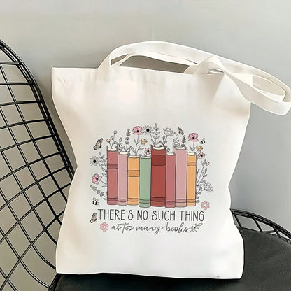 1pc Book Lover's Tote Bag- Funny Bookworm Saying "There's No Such Thing As Too Many Books", Floral & Stacked Books Design- Large Interior- Lightweight & Sturdy Polyester Canvas Shopping Bag For Wom