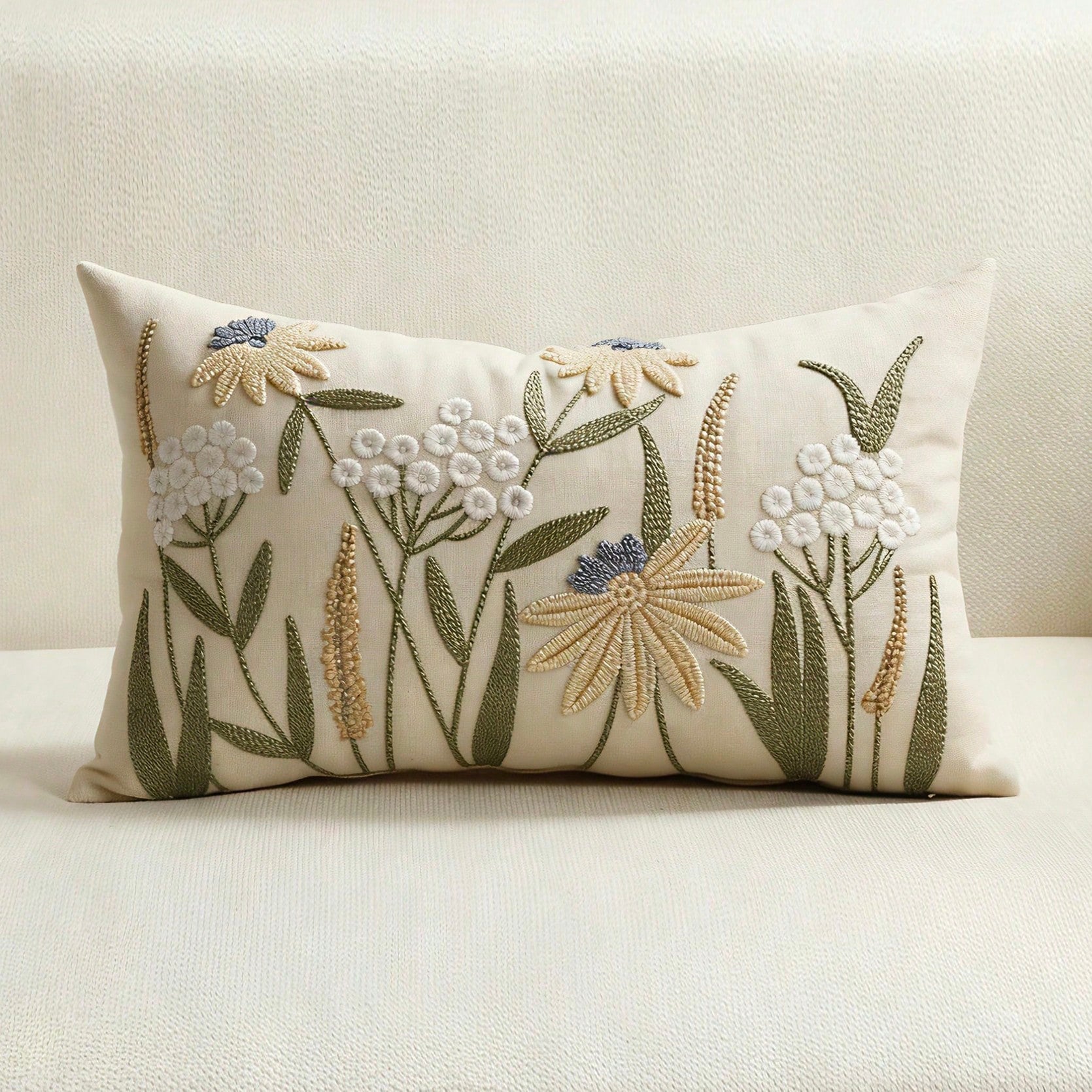 1pc Canvas Embroidered Throw Pillow Cover 12x20 Inch, Decorative Cushion Cover With Zipper, Cute Wildflower Design For Sofa, Bed, Home Decor (Inner Pillow Not Included)