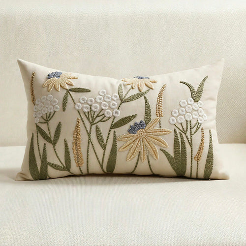 1pc Canvas Embroidered Throw Pillow Cover 12x20 Inch, Decorative Cushion Cover With Zipper, Cute Wildflower Design For Sofa, Bed, Home Decor (Inner Pillow Not Included)