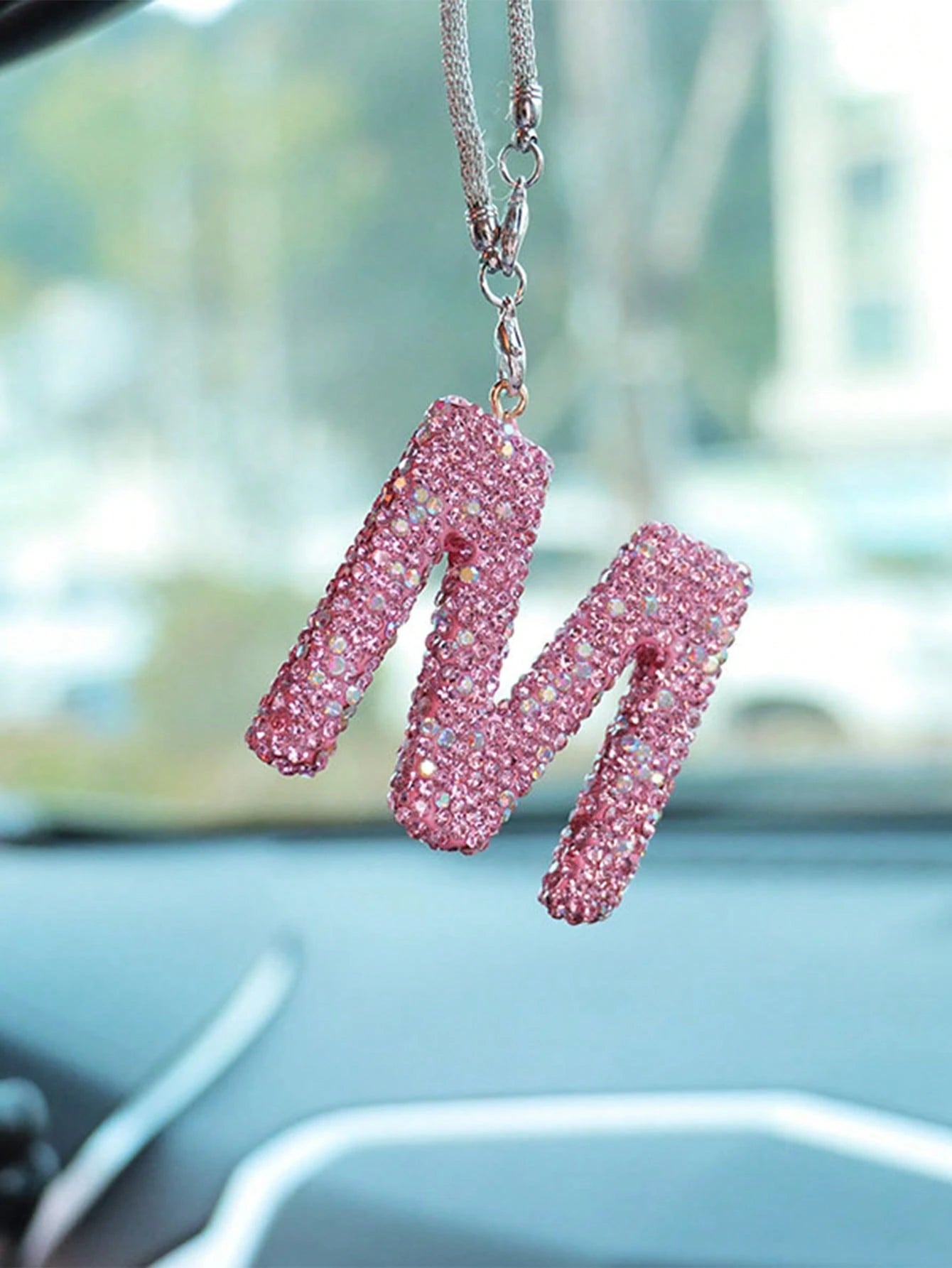 1pc Car Accessories Interior Decor, Full Diamond Pink Letter Car Rearview Mirror Decoration Hanging Ornament