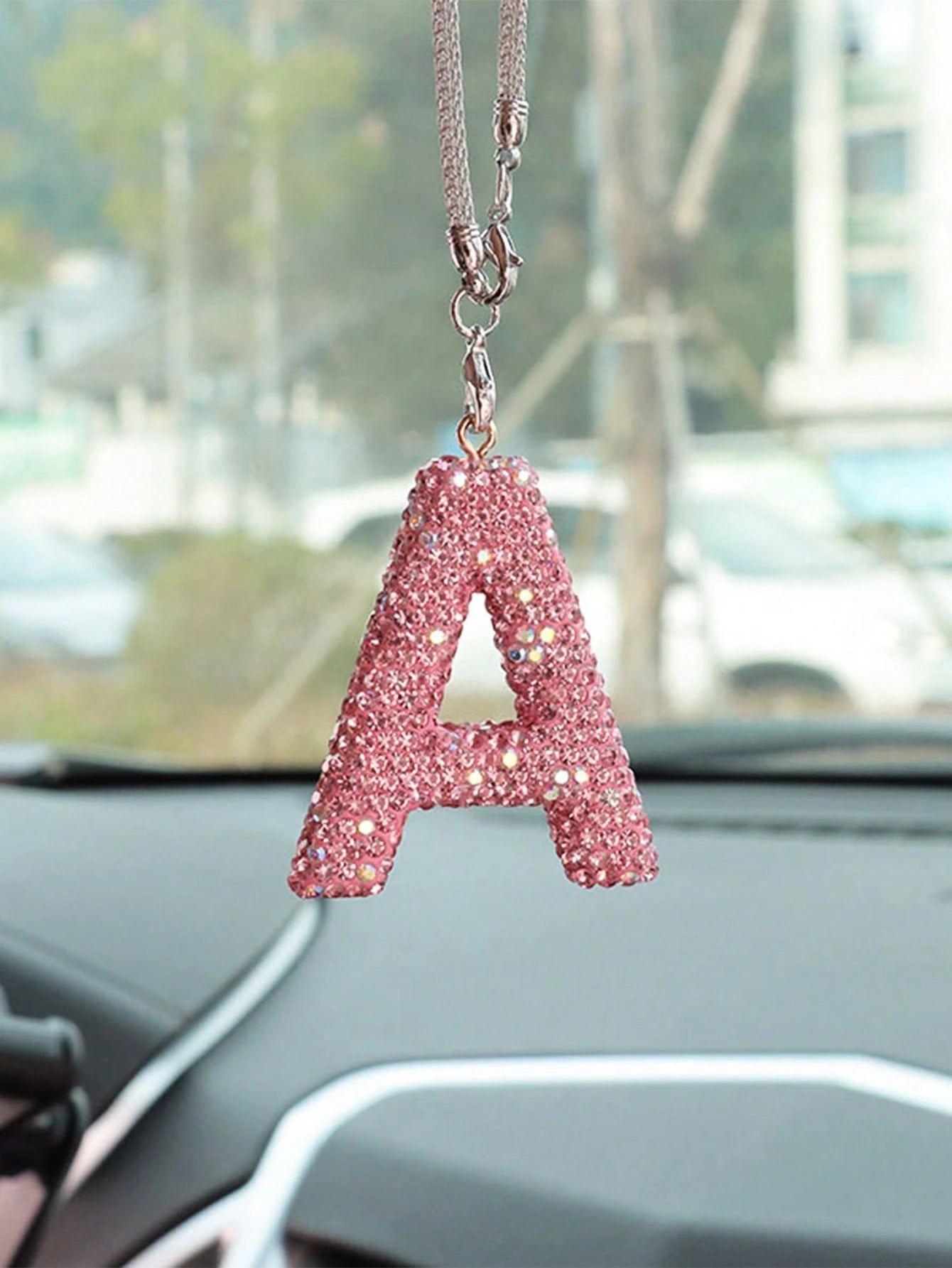 1pc Car Accessories Interior Decor, Full Diamond Pink Letter Car Rearview Mirror Decoration Hanging Ornament