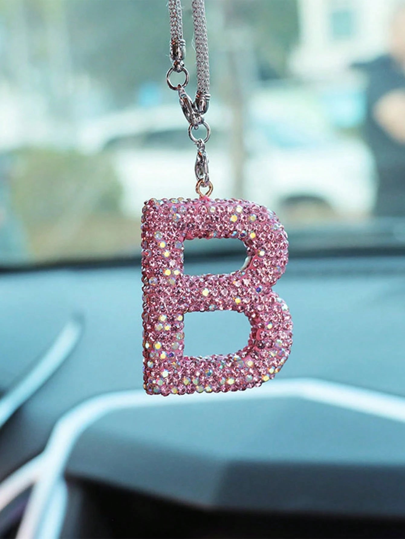 1pc Car Accessories Interior Decor, Full Diamond Pink Letter Car Rearview Mirror Decoration Hanging Ornament