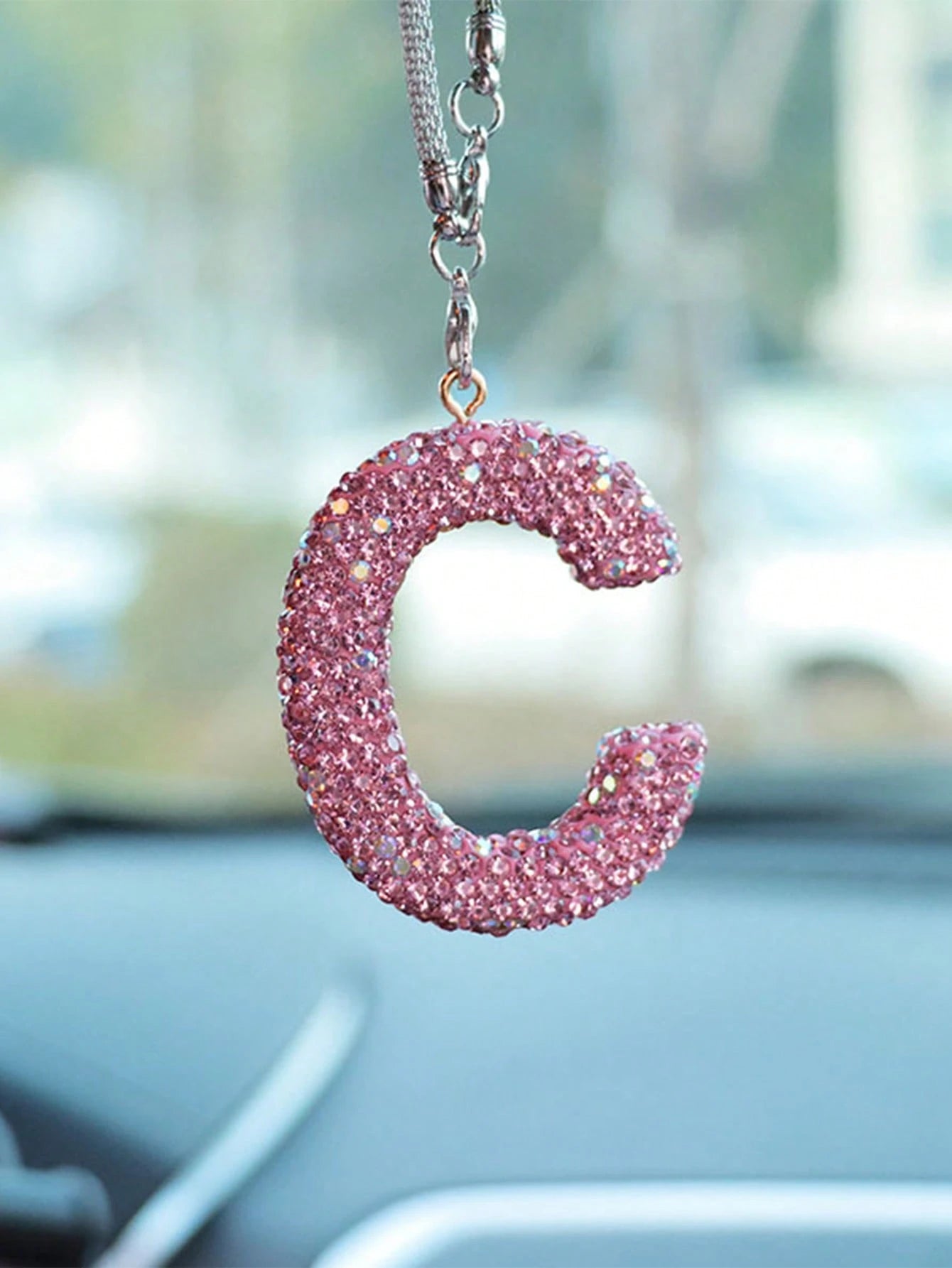 1pc Car Accessories Interior Decor, Full Diamond Pink Letter Car Rearview Mirror Decoration Hanging Ornament