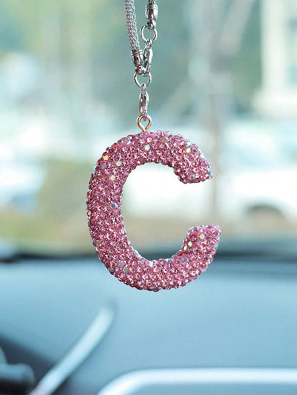1pc Car Accessories Interior Decor, Full Diamond Pink Letter Car Rearview Mirror Decoration Hanging Ornament
