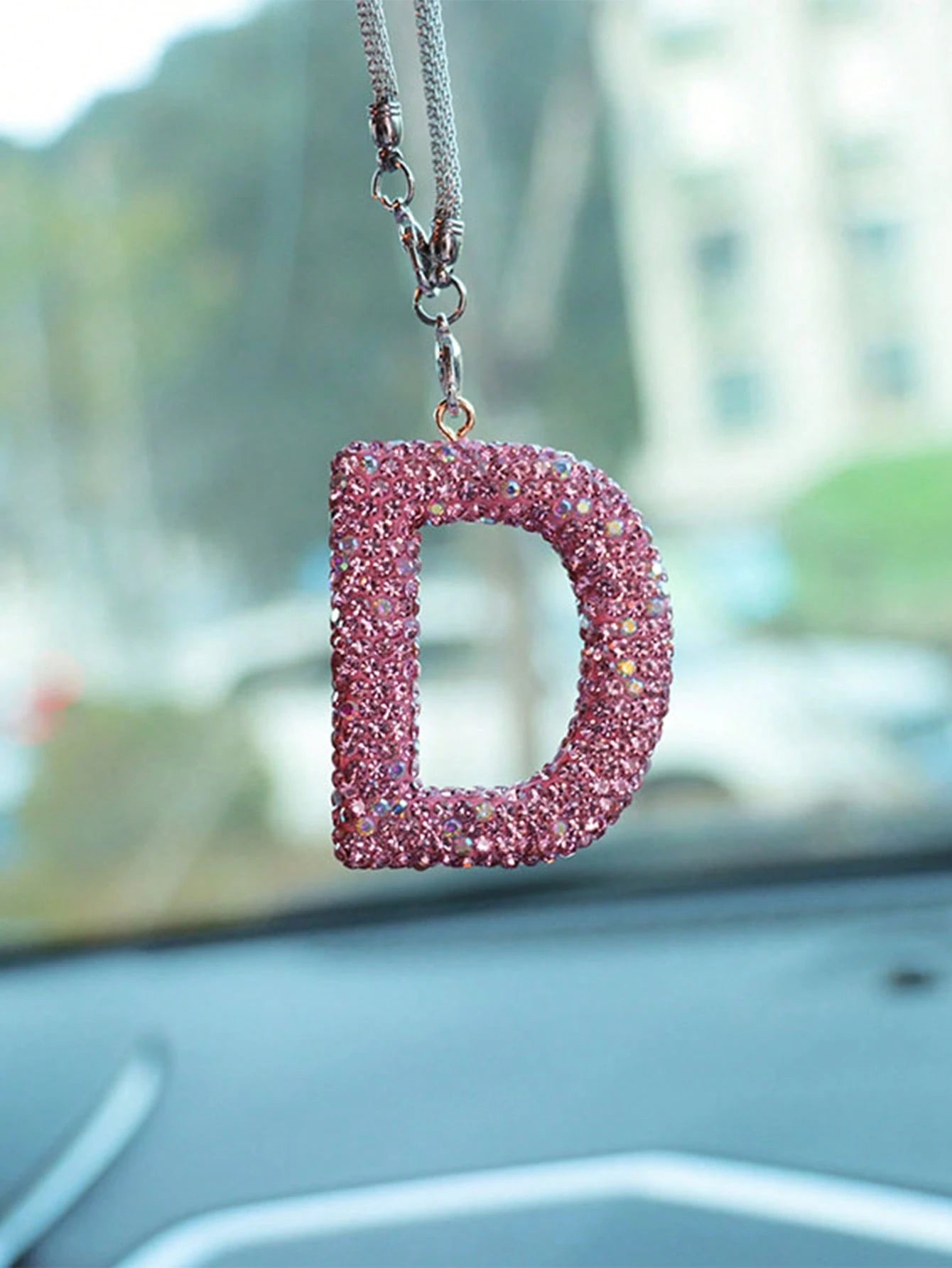 1pc Car Accessories Interior Decor, Full Diamond Pink Letter Car Rearview Mirror Decoration Hanging Ornament