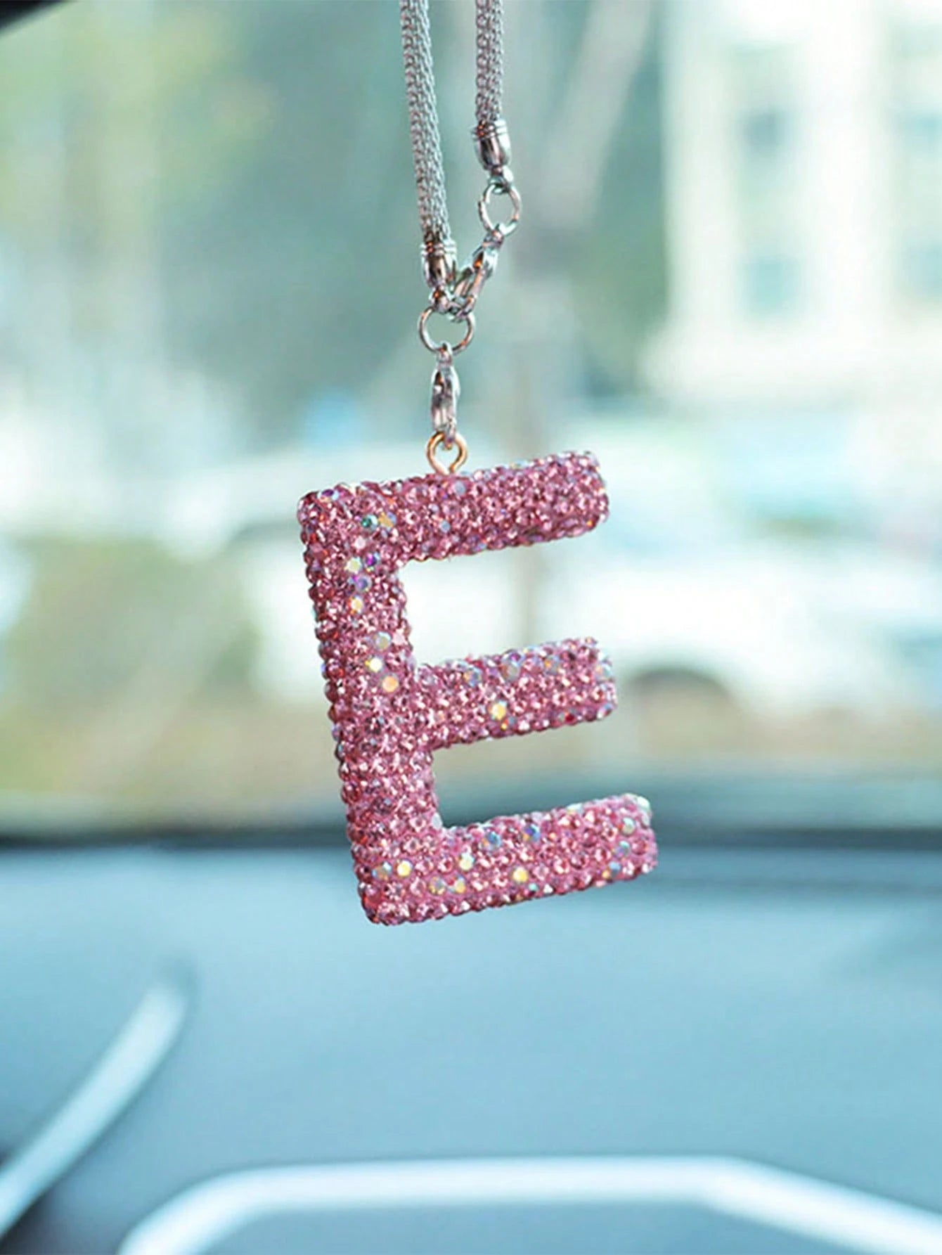 1pc Car Accessories Interior Decor, Full Diamond Pink Letter Car Rearview Mirror Decoration Hanging Ornament