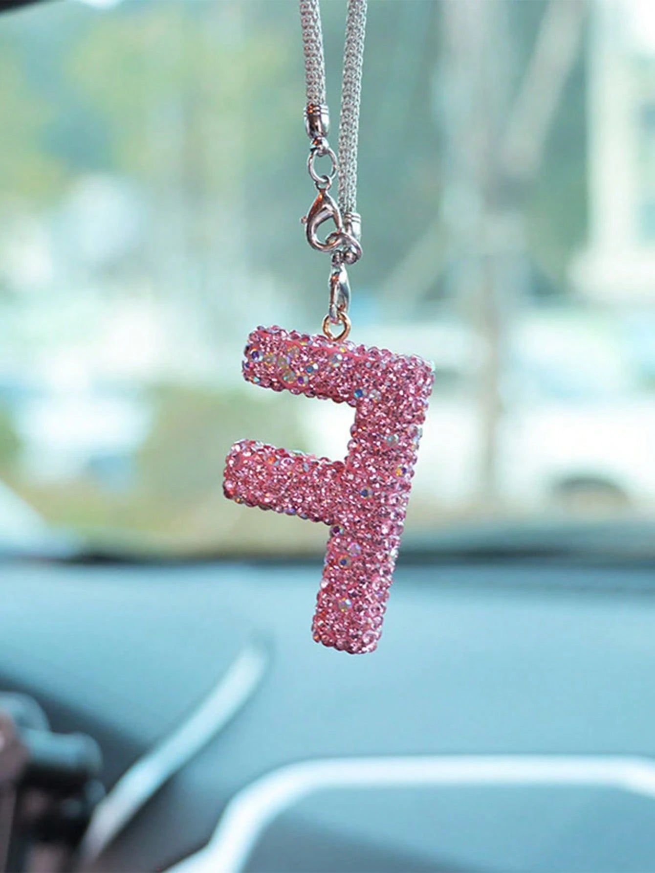 1pc Car Accessories Interior Decor, Full Diamond Pink Letter Car Rearview Mirror Decoration Hanging Ornament