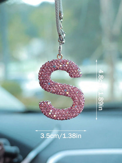1pc Car Accessories Interior Decor, Full Diamond Pink Letter Car Rearview Mirror Decoration Hanging Ornament