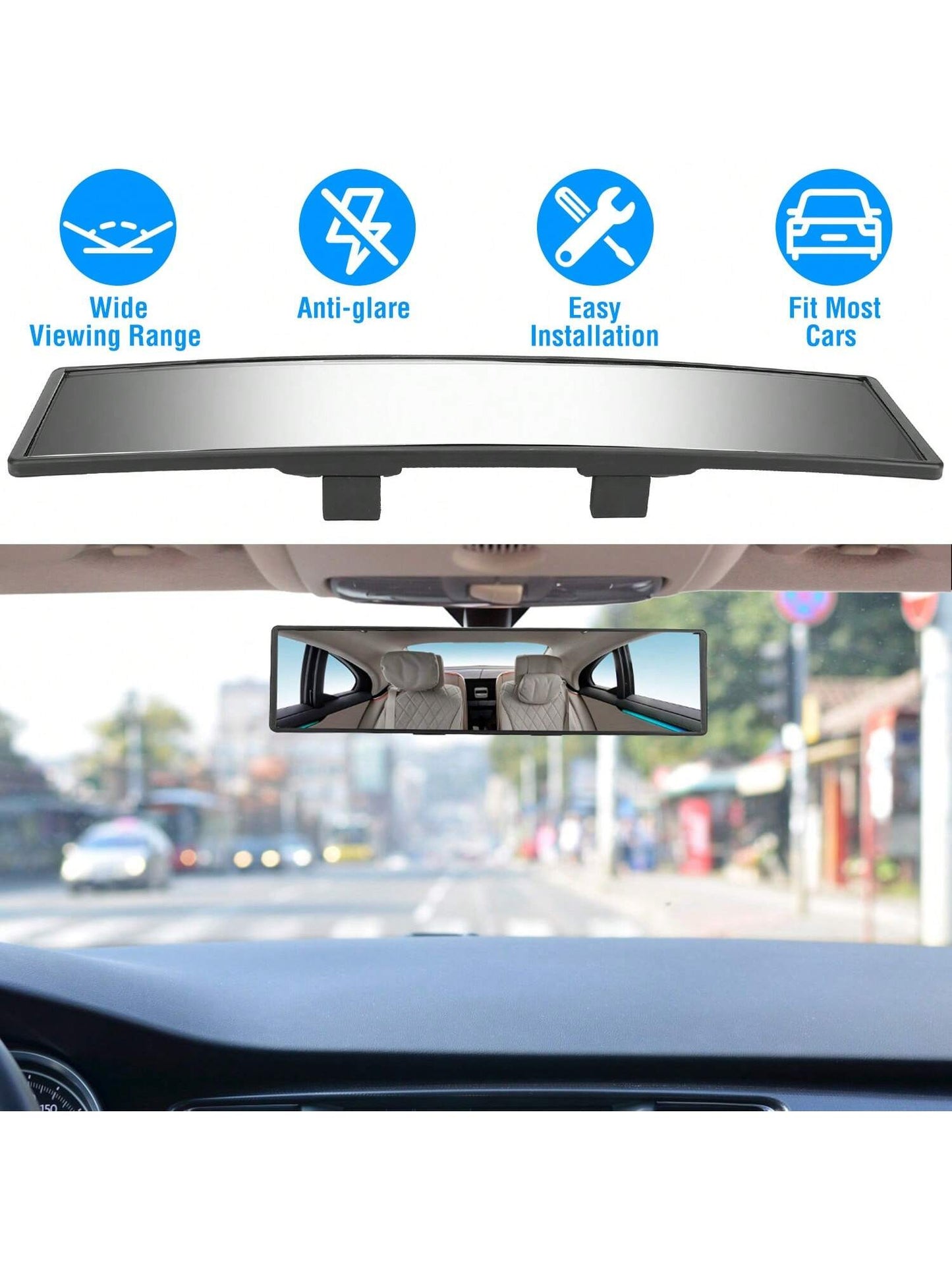 1PC Car Rearview Mirror 11.4in Interior Clip-On Curve Convex Panoramic Anti-Glare Rear View Mirrors With Wide Viewing Range For Cars SUVs Trucks Vehicles