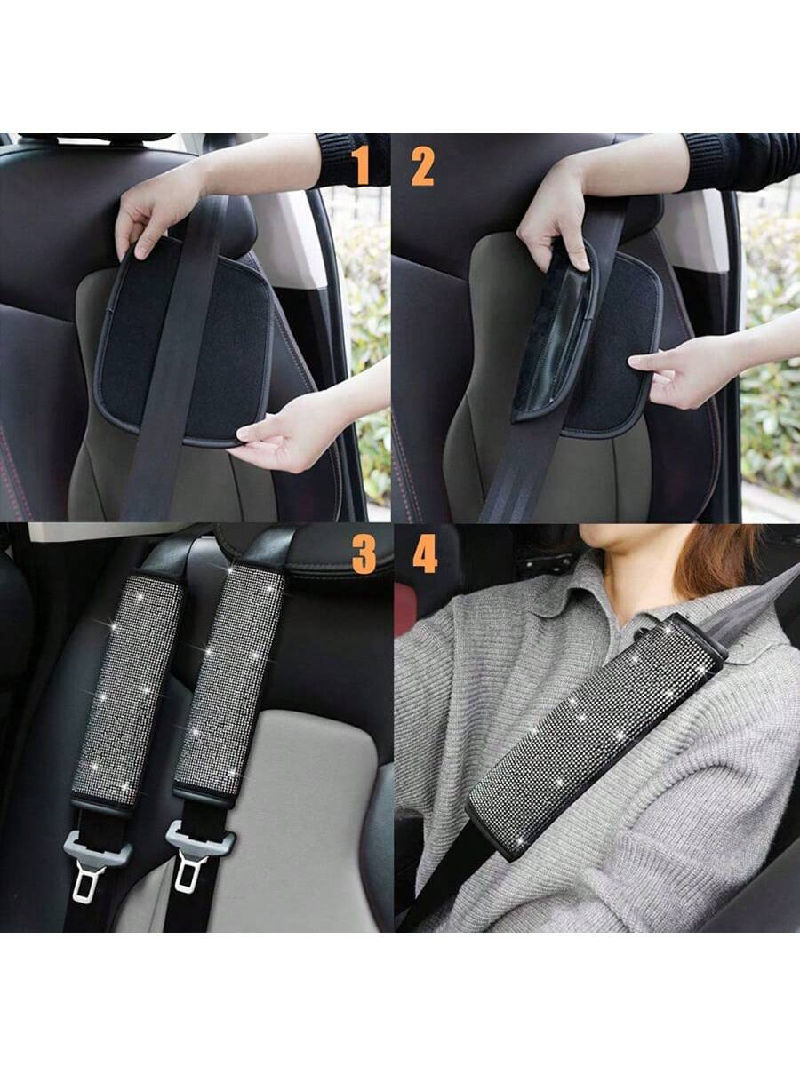 1pc Car Seat Belt Cover Shoulder Protection Set With Sparkling Rhinestone Leather Seat Belt Cover Suitable For All Cars