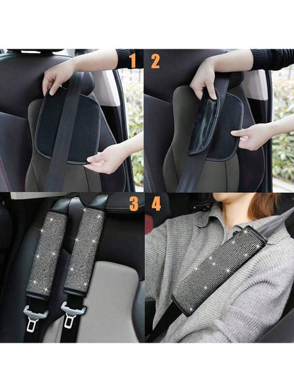 1pc Car Seat Belt Cover Shoulder Protection Set With Sparkling Rhinestone Leather Seat Belt Cover Suitable For All Cars