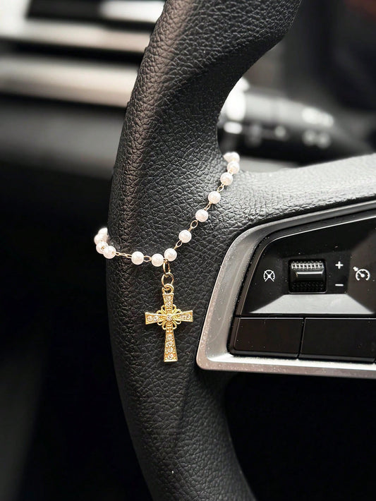 1pc Car Steering Wheel Pearl Chain Cross Decoration Car Interior Decoration