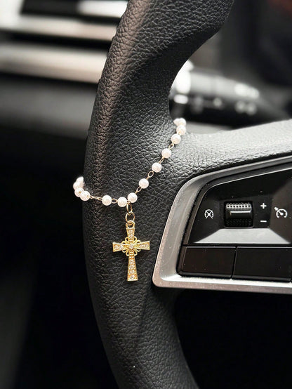 1pc Car Steering Wheel Pearl Chain Cross Decoration Car Interior Decoration