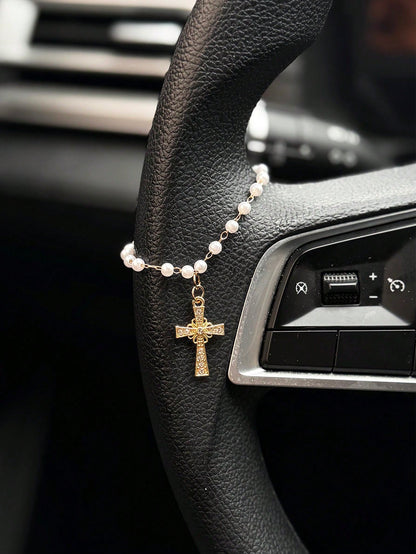 1pc Car Steering Wheel Pearl Chain Cross Decoration Car Interior Decoration