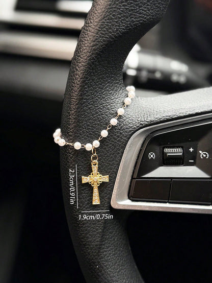 1pc Car Steering Wheel Pearl Chain Cross Decoration Car Interior Decoration