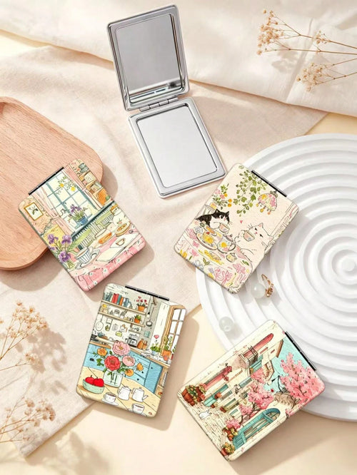 1PC Cartoon Illustration Series Portable Folding Makeup Mirror, Lightweight Ultra-Thin Convenient Durable PU Leather, Suitable For Various Occasions, Travel, Party, Work, School, Suitable For All Ages
