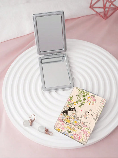 1PC Cartoon Illustration Series Portable Folding Makeup Mirror, Lightweight Ultra-Thin Convenient Durable PU Leather, Suitable For Various Occasions, Travel, Party, Work, School, Suitable For All Ages