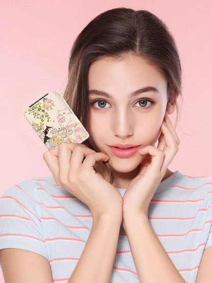 1PC Cartoon Illustration Series Portable Folding Makeup Mirror, Lightweight Ultra-Thin Convenient Durable PU Leather, Suitable For Various Occasions, Travel, Party, Work, School, Suitable For All Ages