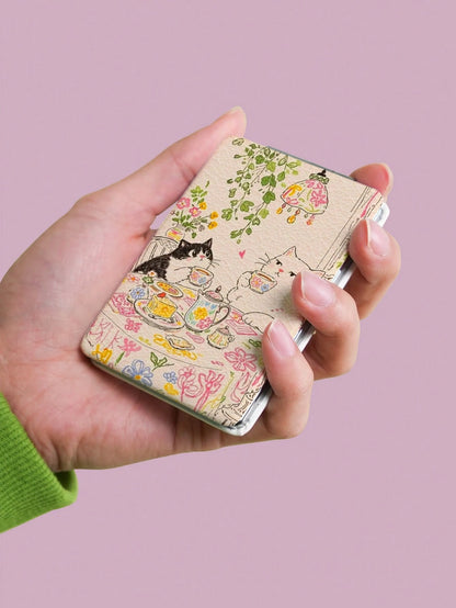 1PC Cartoon Illustration Series Portable Folding Makeup Mirror, Lightweight Ultra-Thin Convenient Durable PU Leather, Suitable For Various Occasions, Travel, Party, Work, School, Suitable For All Ages
