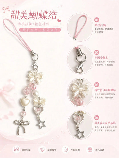 1pc Creative Faux Pearl Bow Decor Phone Lanyard, Camera Strap. Note: Due To Photography Angle And Magnification, The Actual Size May Slightly Differ From The Photo. Phone Charm, Phone Accessory, Smart