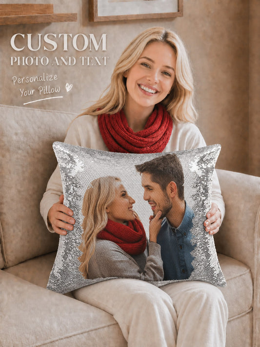 1pc Customized Magic Sequin Pillowcase With Photo, Personalized Sparkly Cushion Cover, Custom Photo Decorative Pillowcase, Personalized Picture Sequin Pillow Cover, Glittery Pillowcase, Living Room So