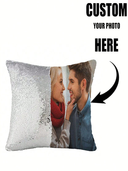 1pc Customized Magic Sequin Pillowcase With Photo, Personalized Sparkly Cushion Cover, Custom Photo Decorative Pillowcase, Personalized Picture Sequin Pillow Cover, Glittery Pillowcase, Living Room So