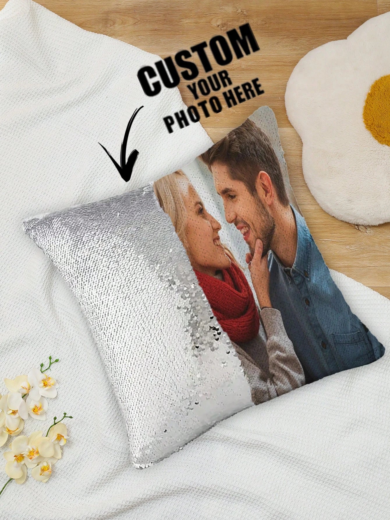 1pc Customized Magic Sequin Pillowcase With Photo, Personalized Sparkly Cushion Cover, Custom Photo Decorative Pillowcase, Personalized Picture Sequin Pillow Cover, Glittery Pillowcase, Living Room So