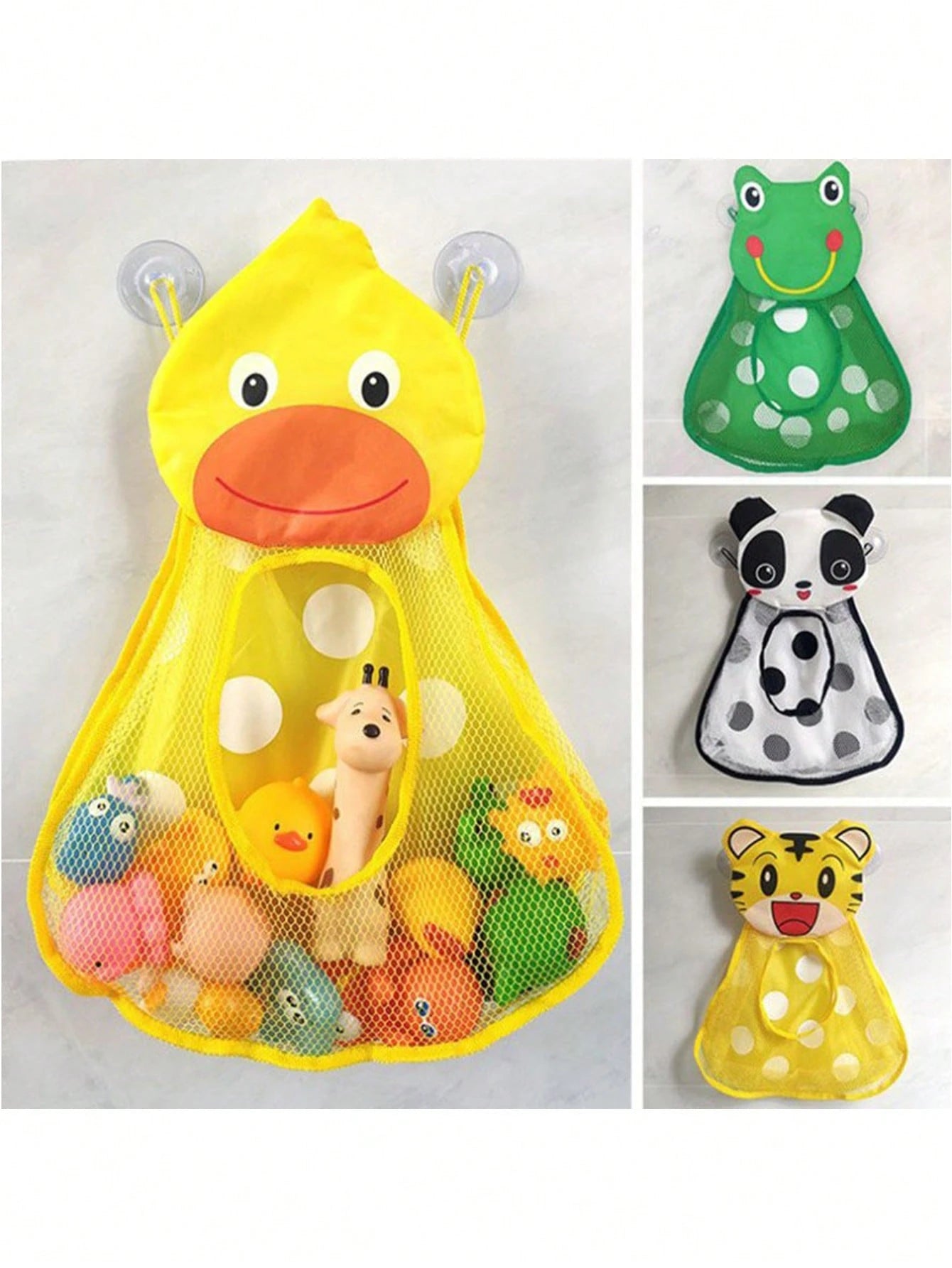 1pc Cute Animal Shaped Mesh Storage Bag Set: Includes Adorable Frog, Duck, Panda And Tiger Designs, These Hanging Storage Bags With Convenient Suction Cups Are Perfect For Neatly Storing Bathroom Supp