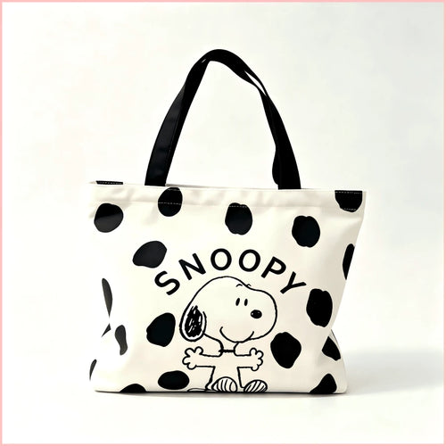 1PC Cute Black Polka Dot Snoopy Print Canvas Tote Bag, Large Capacity Casual Shoulder Bag, Lightweight Daily Shopping Bag, Sweet Birthday Christmas Gift For Women, Teen Girls, Friends