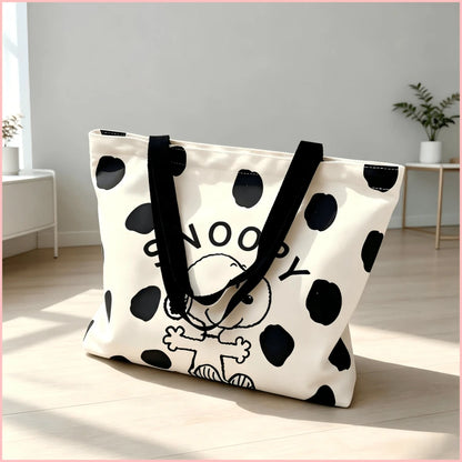 1PC Cute Black Polka Dot Snoopy Print Canvas Tote Bag, Large Capacity Casual Shoulder Bag, Lightweight Daily Shopping Bag, Sweet Birthday Christmas Gift For Women, Teen Girls, Friends