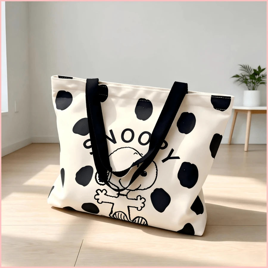 1PC Cute Black Polka Dot Snoopy Print Canvas Tote Bag, Large Capacity Casual Shoulder Bag, Lightweight Daily Shopping Bag, Sweet Birthday Christmas Gift For Women, Teen Girls, Friends
