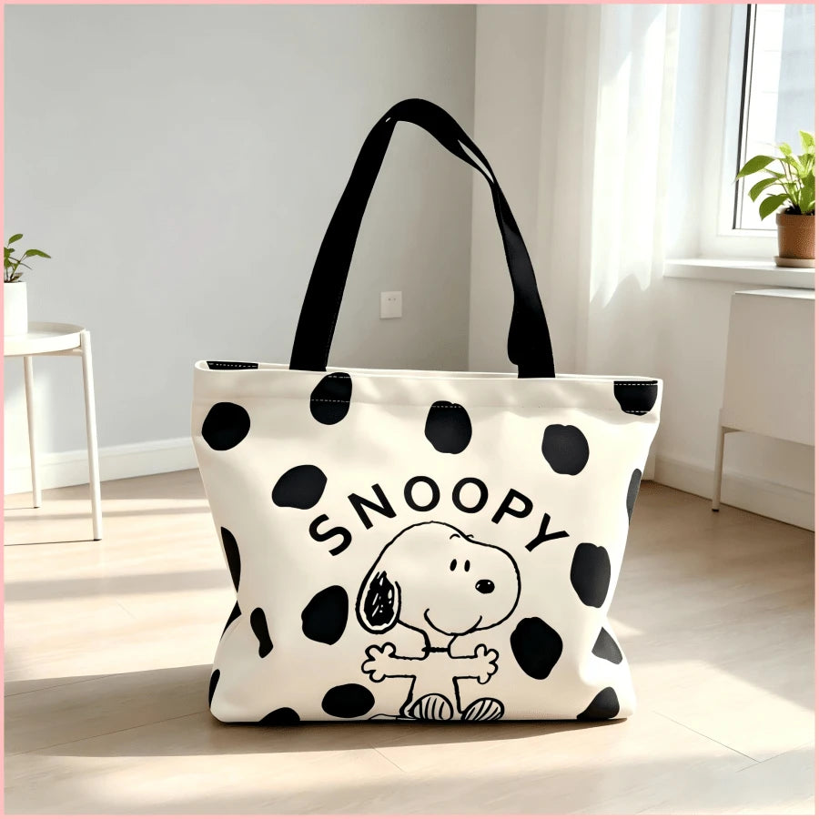 1PC Cute Black Polka Dot Snoopy Print Canvas Tote Bag, Large Capacity Casual Shoulder Bag, Lightweight Daily Shopping Bag, Sweet Birthday Christmas Gift For Women, Teen Girls, Friends