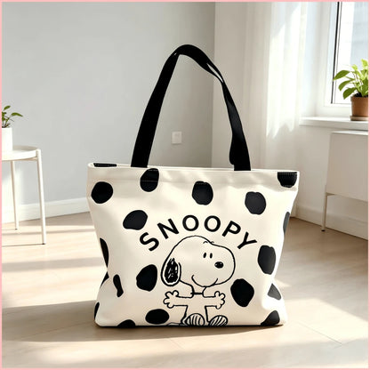 1PC Cute Black Polka Dot Snoopy Print Canvas Tote Bag, Large Capacity Casual Shoulder Bag, Lightweight Daily Shopping Bag, Sweet Birthday Christmas Gift For Women, Teen Girls, Friends