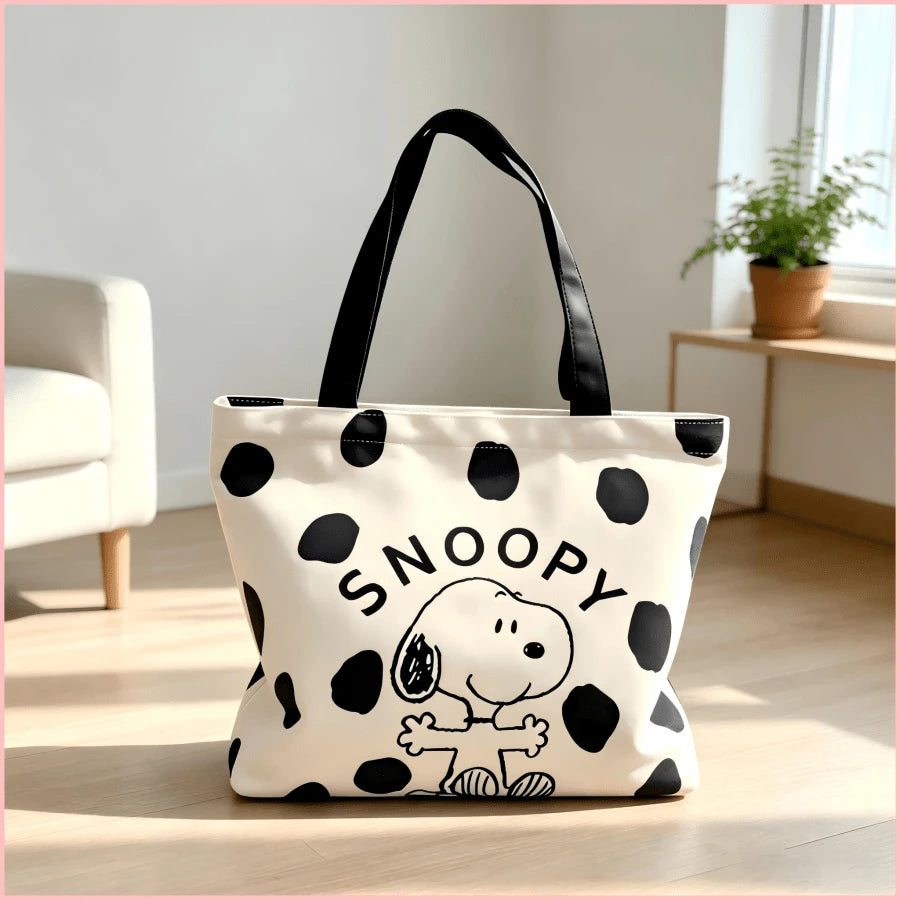 1PC Cute Black Polka Dot Snoopy Print Canvas Tote Bag, Large Capacity Casual Shoulder Bag, Lightweight Daily Shopping Bag, Sweet Birthday Christmas Gift For Women, Teen Girls, Friends