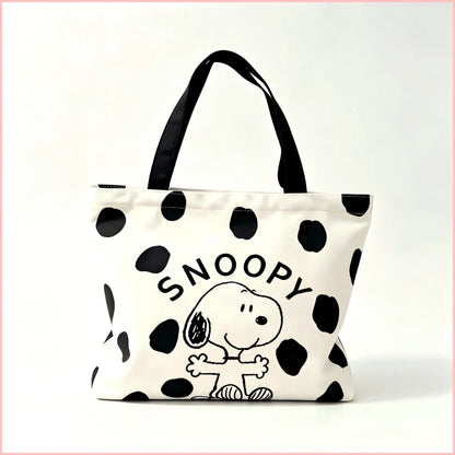 1PC Cute Black Polka Dot Snoopy Print Canvas Tote Bag, Large Capacity Casual Shoulder Bag, Lightweight Daily Shopping Bag, Sweet Birthday Christmas Gift For Women, Teen Girls, Friends